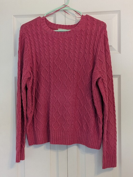 St. John's Bay Sweaters - St. John's Bay Pink Cable-Knit Crewneck Sweater, Size Petite Large